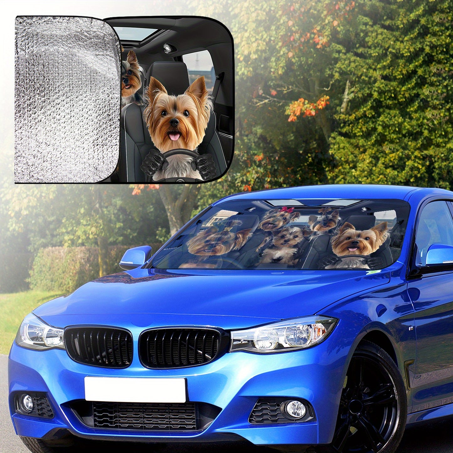 Sun Protection, 1pc-Sunshades-Windshield Sunshades, Yorkies in Car with Playful Attire The Pattern Design, Foldable, Car Interior Protection, Suitable for Most Car, SUV And Truck Windshield Sunshades, Gifts Suitable for Dog Lovers