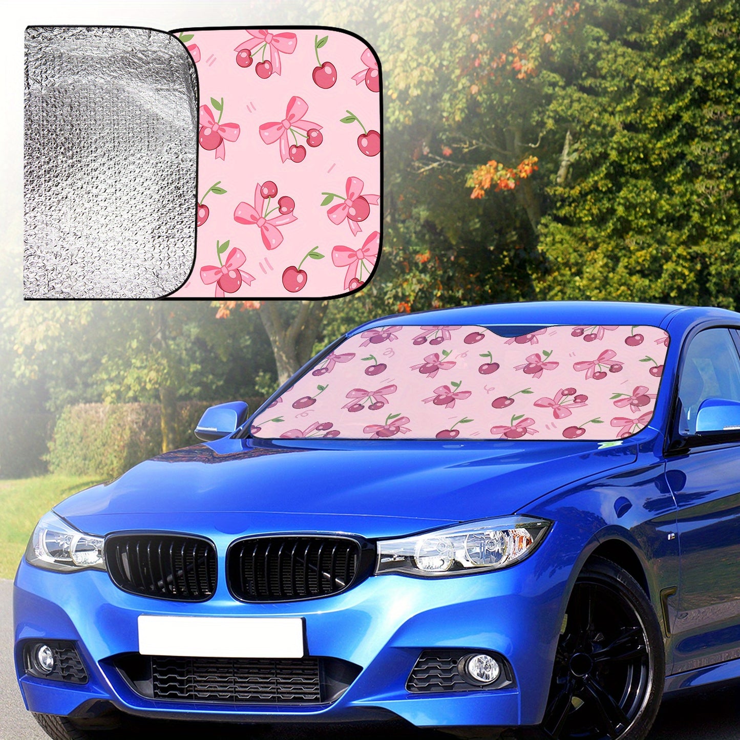 Sun Protection, 1pc-Windshield Sunshades, Pink Cherries And Bows Pattern The Pattern Design, Foldable, Car Interior Protection, Suitable for Most Car, SUV And Truck Windshield Sunshades, The Perfect Gift for a Friend