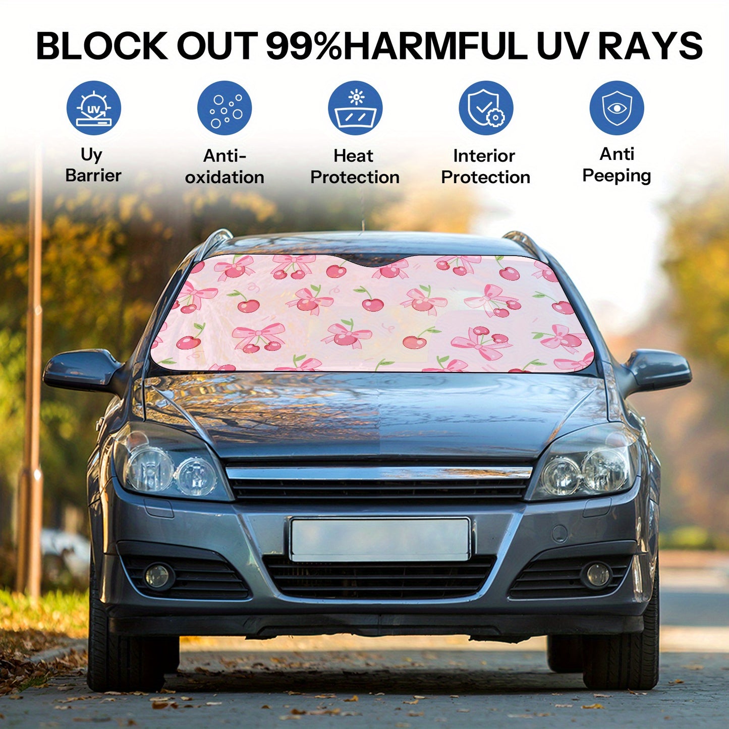 Sun Protection, 1pc-Windshield Sunshades, Pink Cherries And Bows Pattern The Pattern Design, Foldable, Car Interior Protection, Suitable for Most Car, SUV And Truck Windshield Sunshades, The Perfect Gift for a Friend
