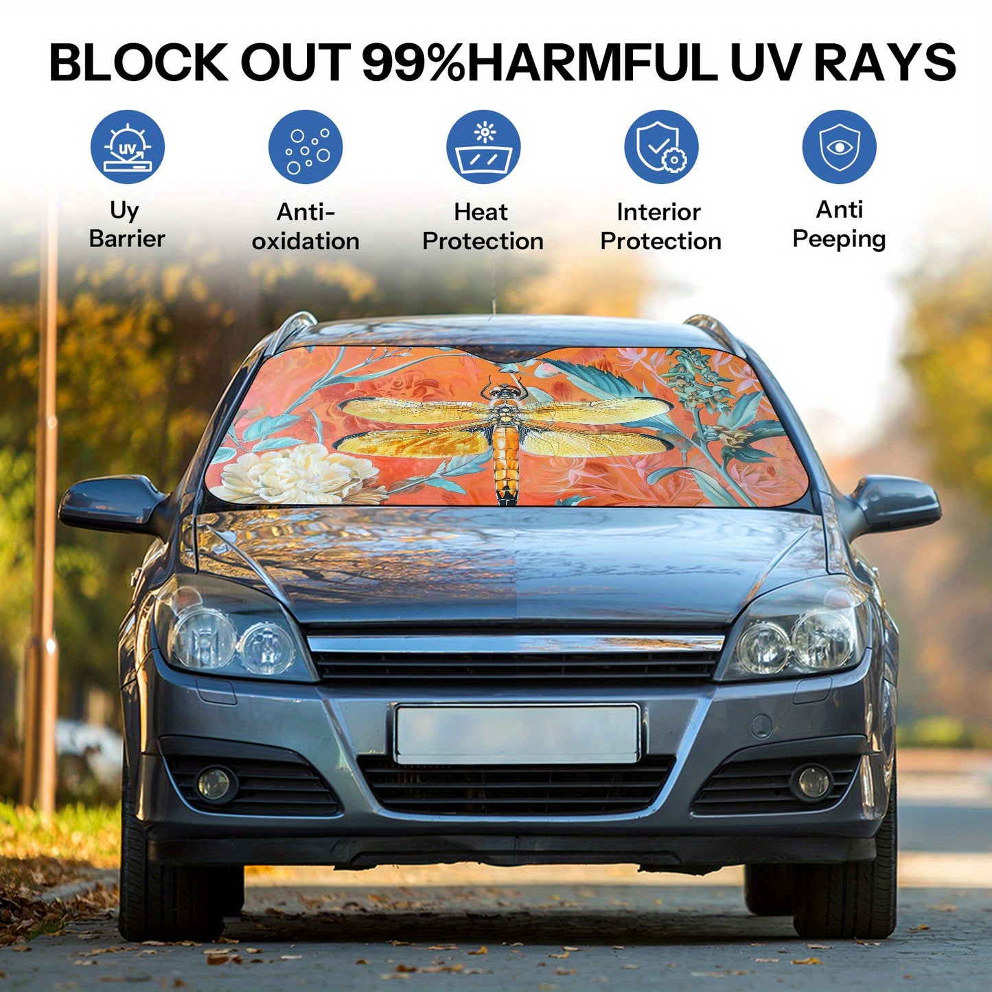 Sun Protection, 1pc Windshield Car Sun Visor - Foldable Sunshade, Floral And Dragonfly Theme, UV Protection And Internal Cooling, Easy to Install On All Vehicles, Car Accessories, A Gift for My Father